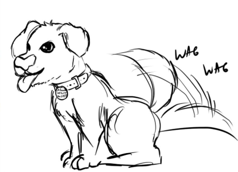 digital pen drawing of a happy puppy with floppy ears panting and wagging its tail; the tag on its collar says, 'If found return to LOST'.